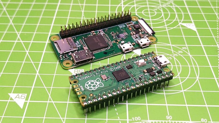 The Raspberry Pi Zero W single-board computer beside the Raspberry Pi Pico microcontroller board