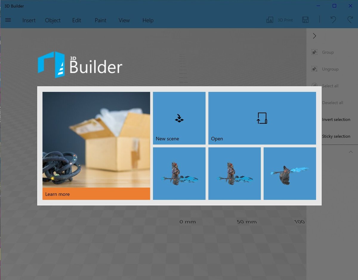 The 3D Builder welcome screen