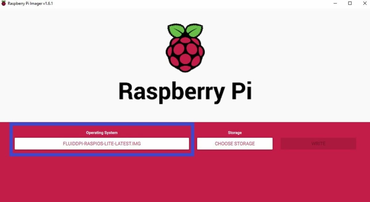 On Raspberry Pi Imager, insert your FluiddPi IMG operating system file