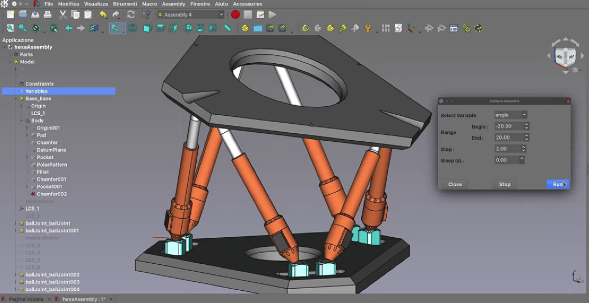 The interface of FreeCAD showing a mechanical device assembly