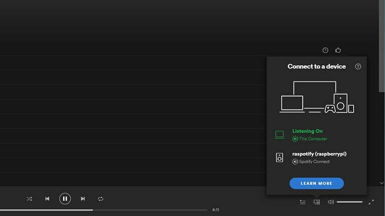 Click on raspotify (raspberry pi) and it will be connected to the Spotify Connect client