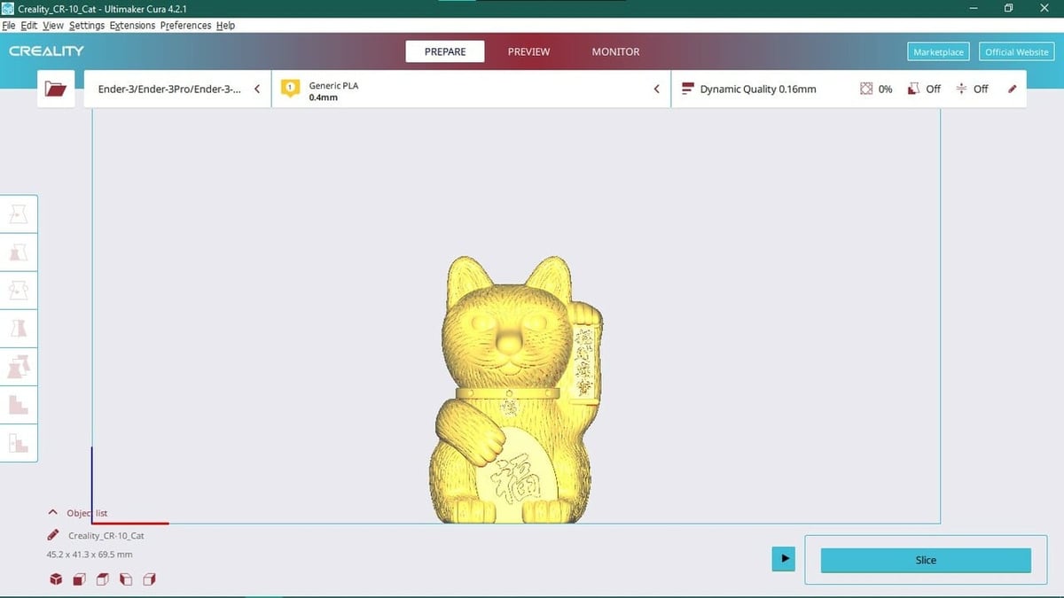 The cat model that's shipped with Creality printers is a symbol of good luck