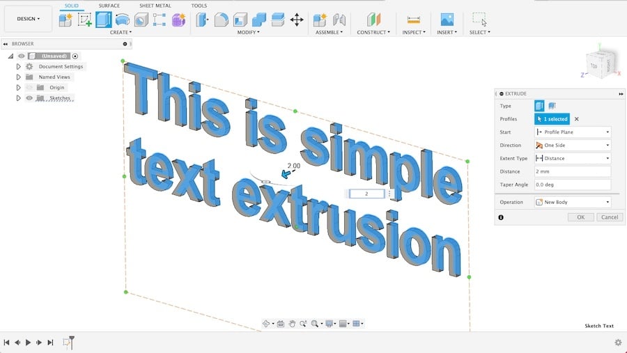 For most cases, turning 2D text information to 3D is very straight-forward with the extrude feature