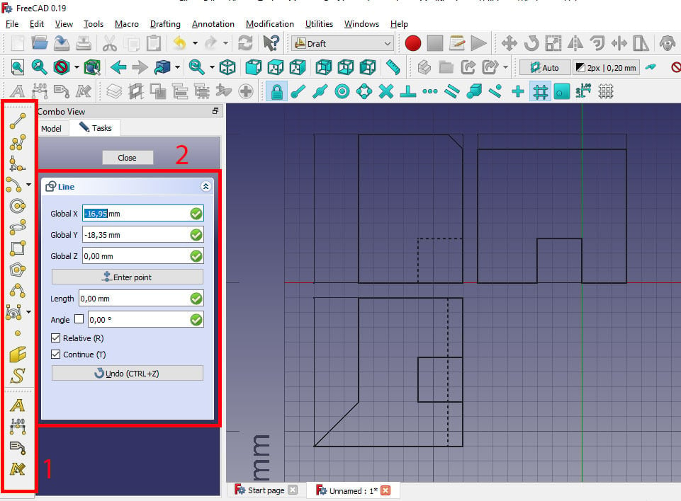 Views of an object created using lines and squares in FreeCAD