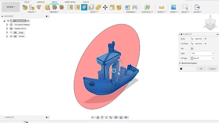 Splitting a 3D Benchy in half with the plane cut tool
