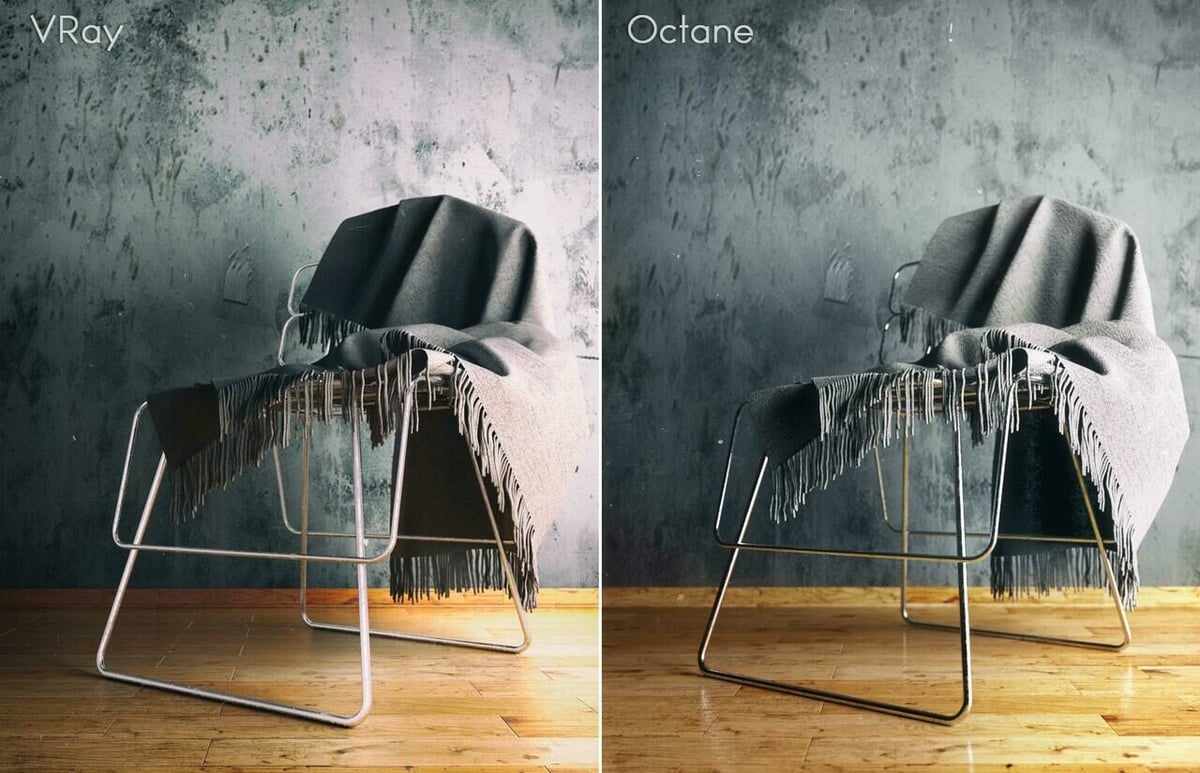 A side by side comparison of two VRay and Octane rendering engines in Cinema 4D