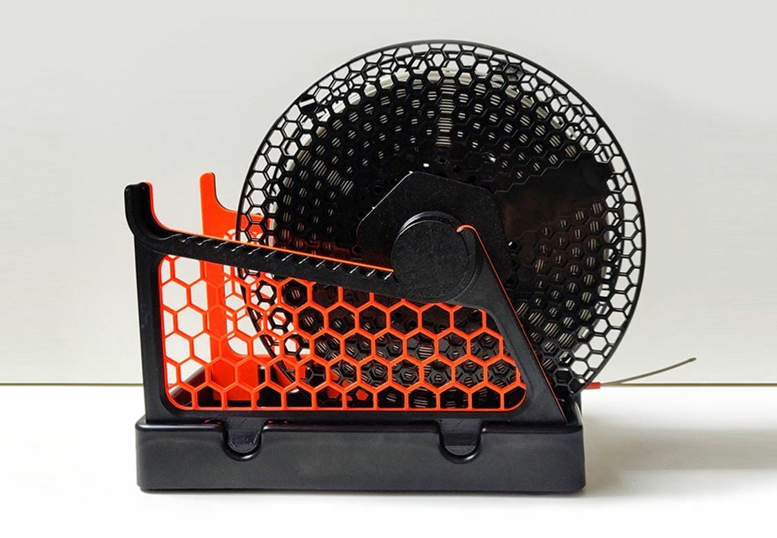 This design uses a rack-and-pinion mechanism to automatically rewind the spool