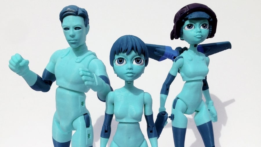 NiQ (on the left) and Quinn 3D printable action figures in two different versions
