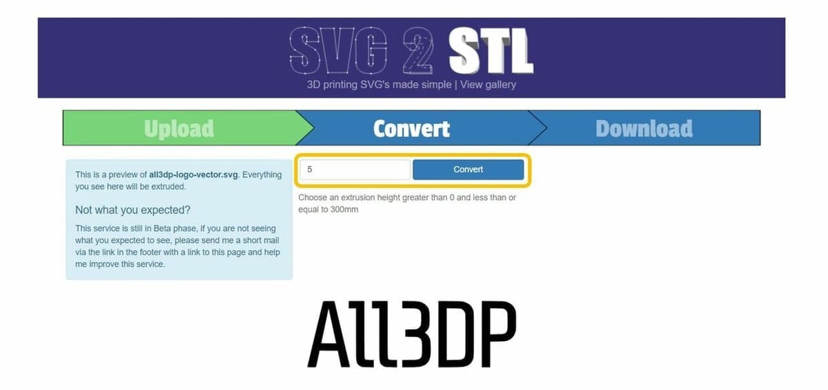 SVG2STL convert page with buttons highlighted