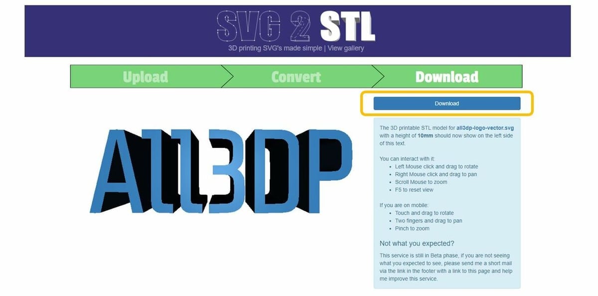 SVG2STL download page with button highlighted