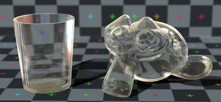 A 3D model with attributes and components causing it to look like glass