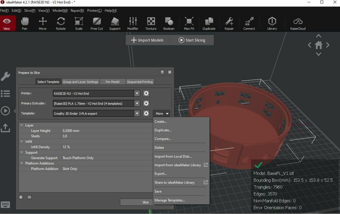 IdeaMaker allows you to import slicing templates from the Raise3D online library