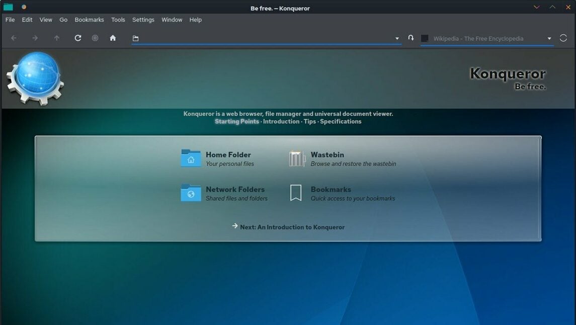 The start screen of Konqueror, with the file management tool readily available