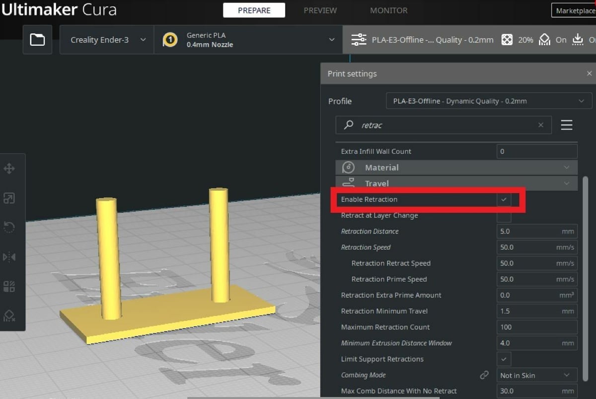 Cura's retraction settings are under 