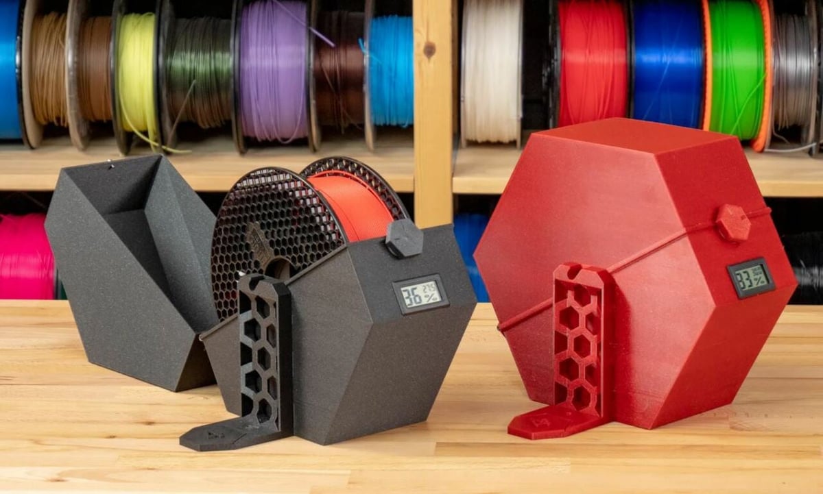 The PrusaPrinter Drybox V2 uses a 3D printed frame, making it inexpensive to build