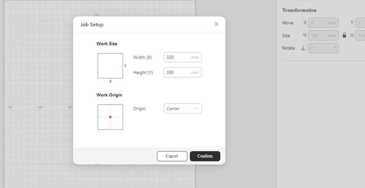 Review the size of your work area and click confirm