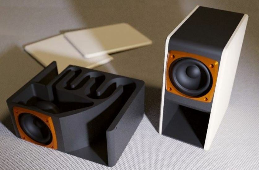 The Black Horn speakers use a large 3D printed frame made of nine 3D printed parts each