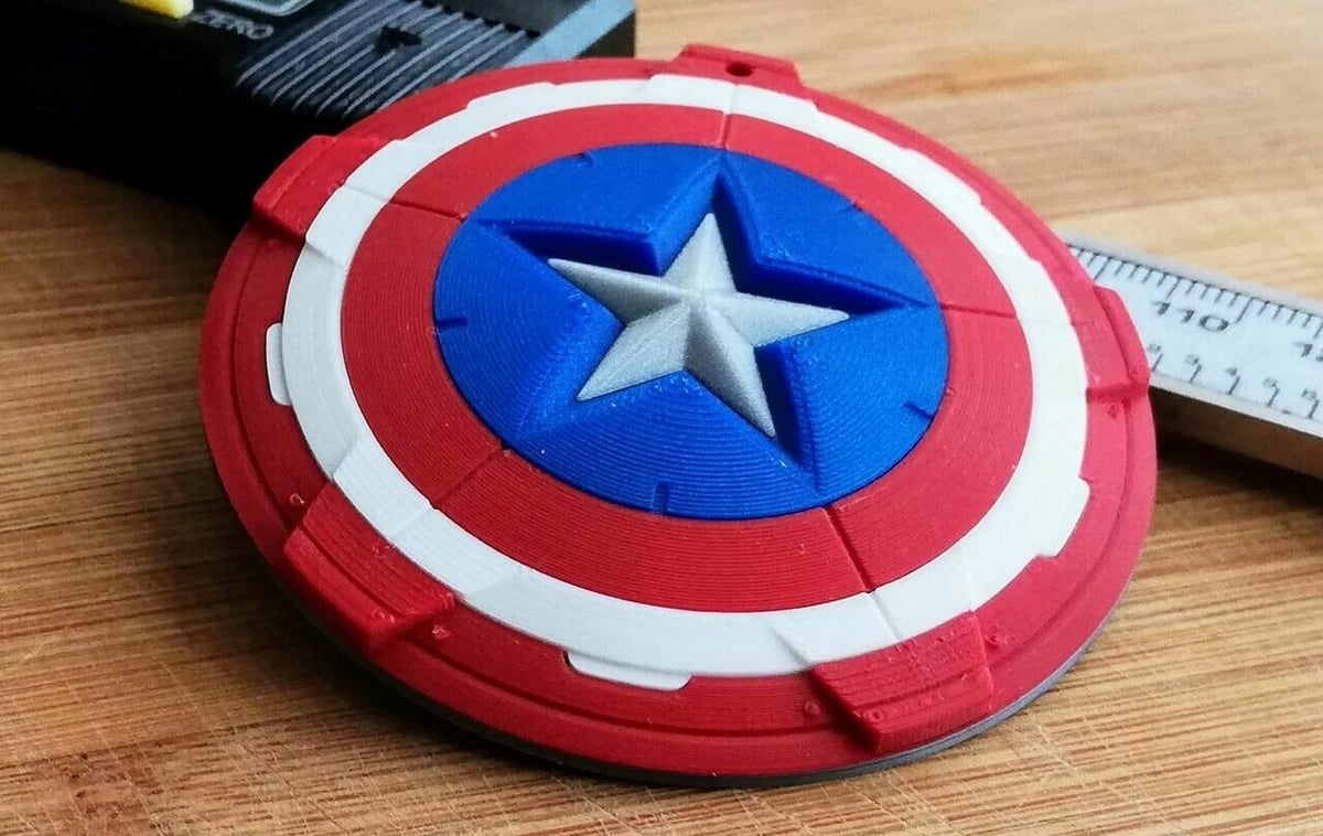 An assembled Captain America's shield, ready for the perfect keyring