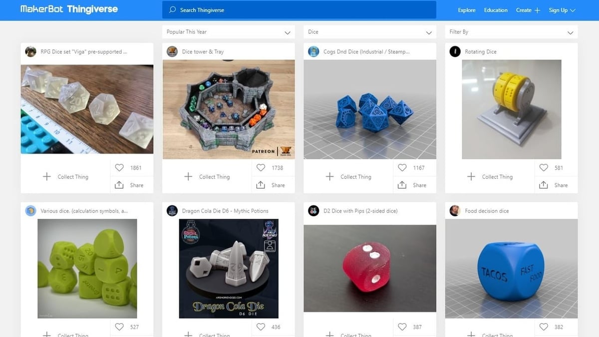 Thingiverse contains over 18,500 3D printable dice designs