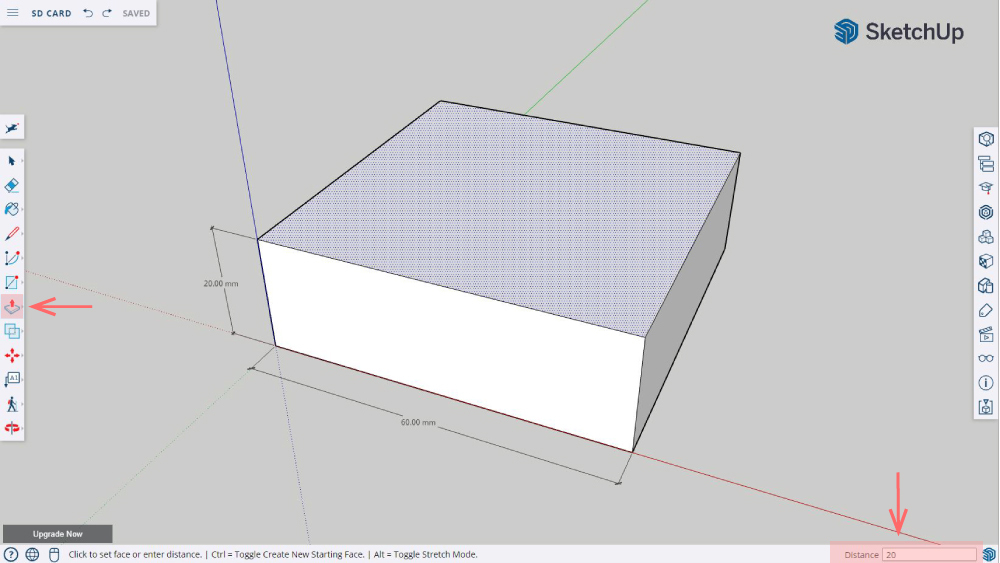 Use the Push/Pull feature to drag the drawn square upwards and create a 3D object