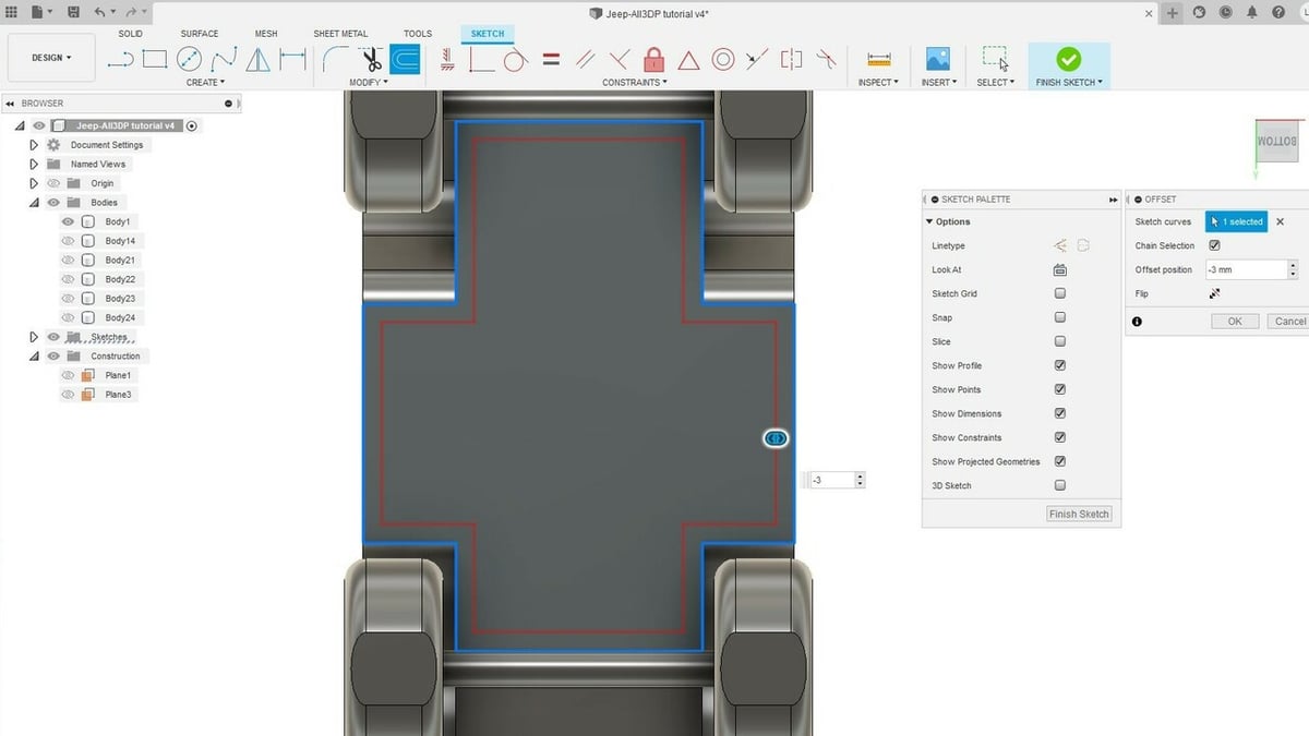Create a new sketch at the bottom surface of the car using the Offset tool