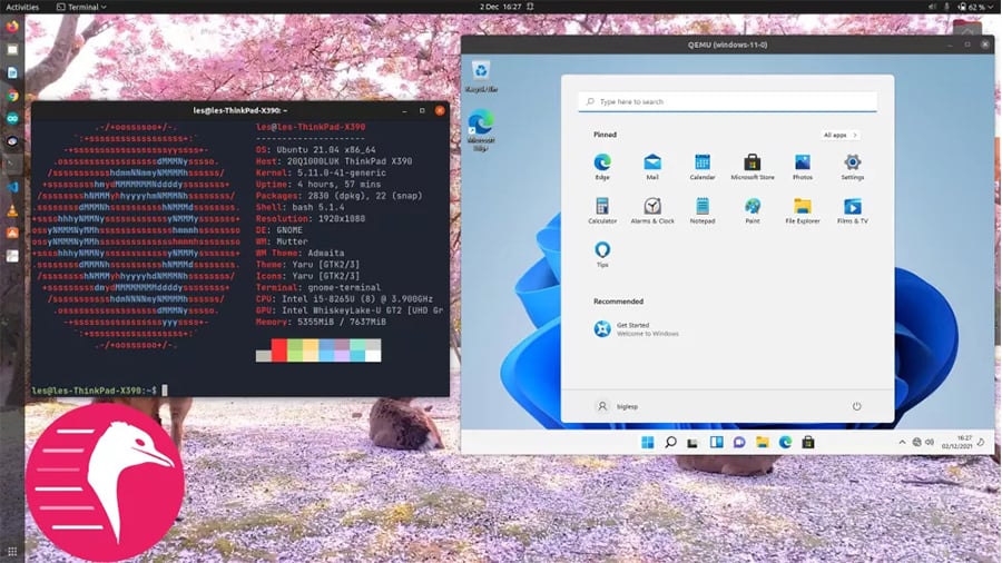 A Ubuntu platforming running a Windows 11 virtual machine