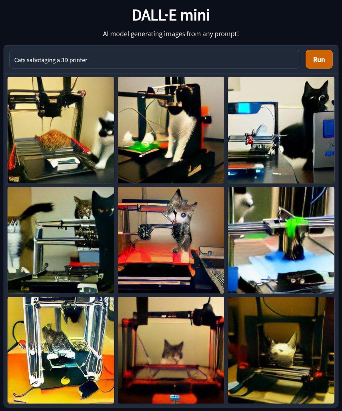 dall-e mini "cats sabotaging a 3D printer"