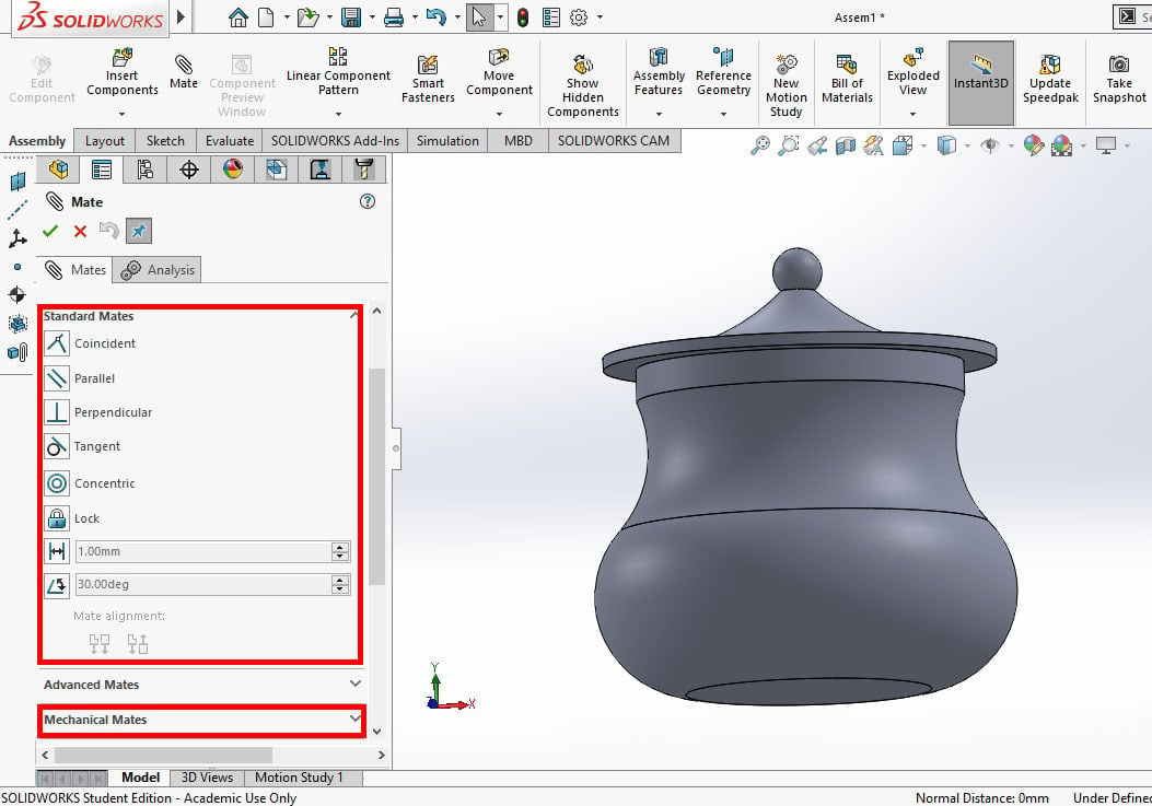 Mates are the core of assembling in SolidWorks