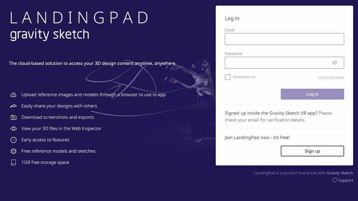 The log-in screen of Gravity Sketch's Landing Pad
