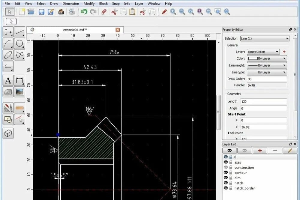 QCAD's application window lets you see the numbers in drawings easily