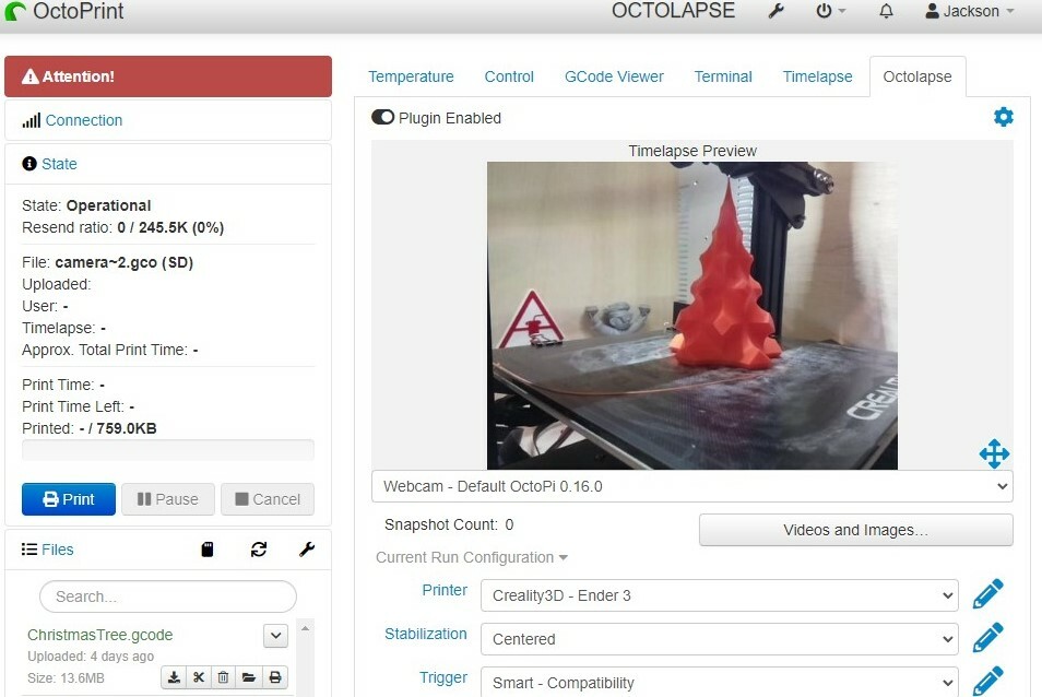 You can view your ongoing Octolapse print jobs through the OctoPrint online interfacce