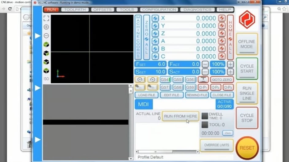 UCCNC software running in demo mode for 6-axis CNC machining control
