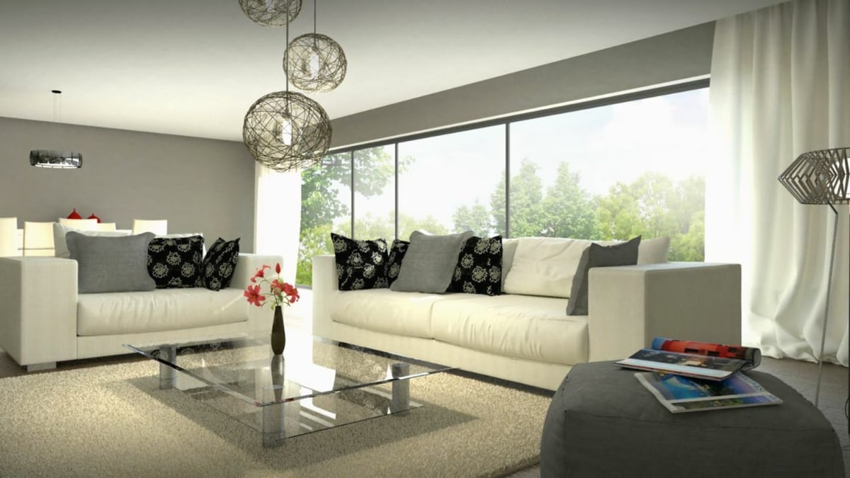 A modern living room rendered with Kerkythea