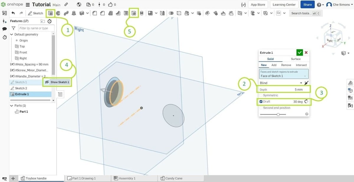 Performing an extrude process in Onshape