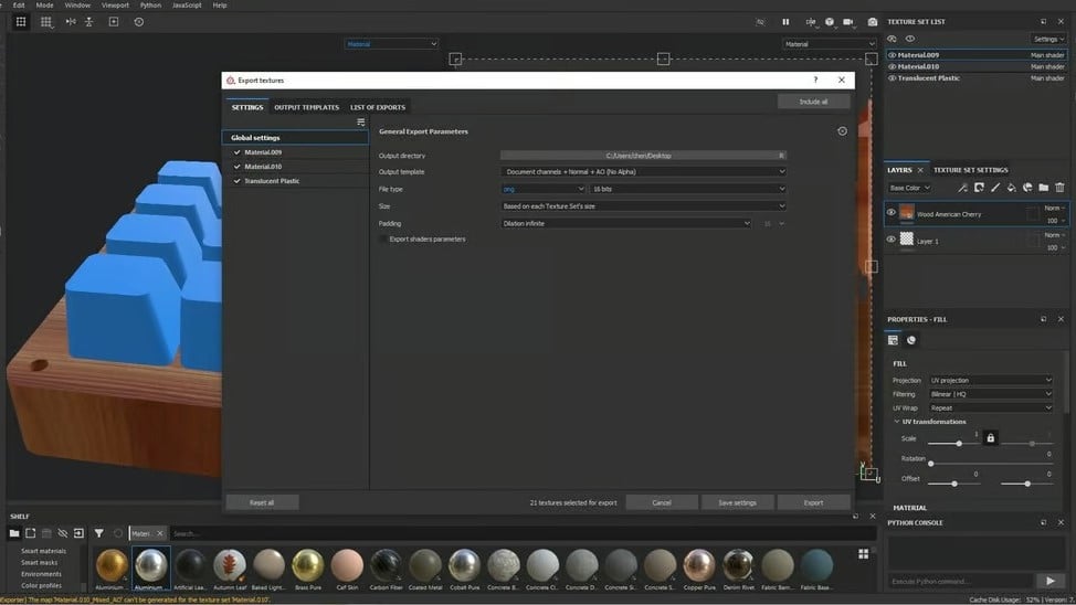 Export settings in Substance Painter