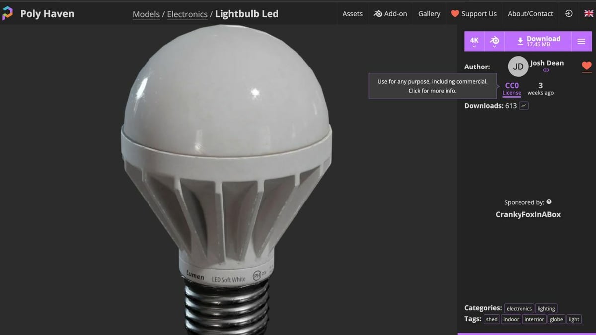 A LED lightbulb from Polyhaven with a CC0 license