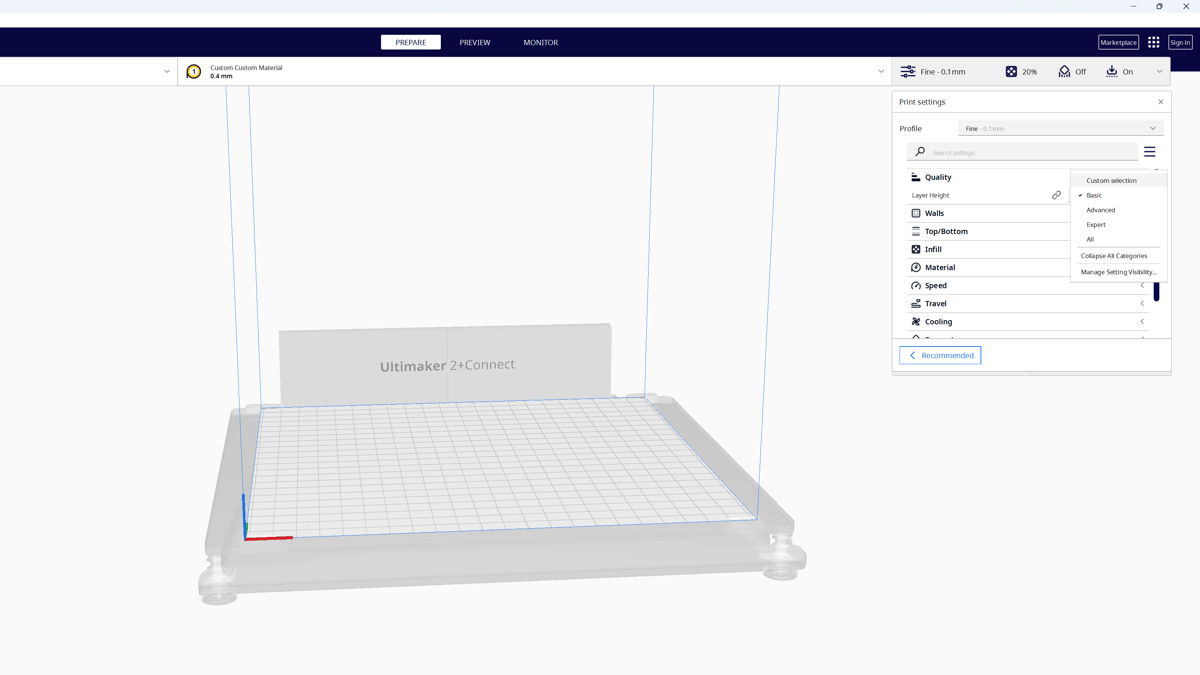 You'll find the different setting levels in Cura in the right dropdown menu