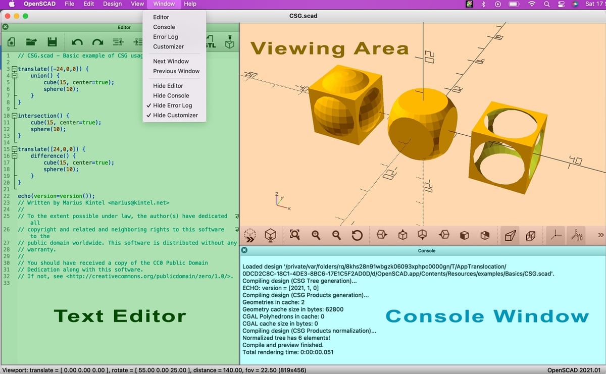The three main windows used by OpenSCAD