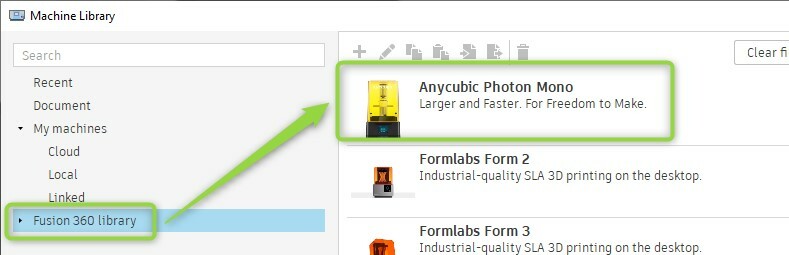 The Anycubic Photon Mono is available as a machine profile in Fusion 360