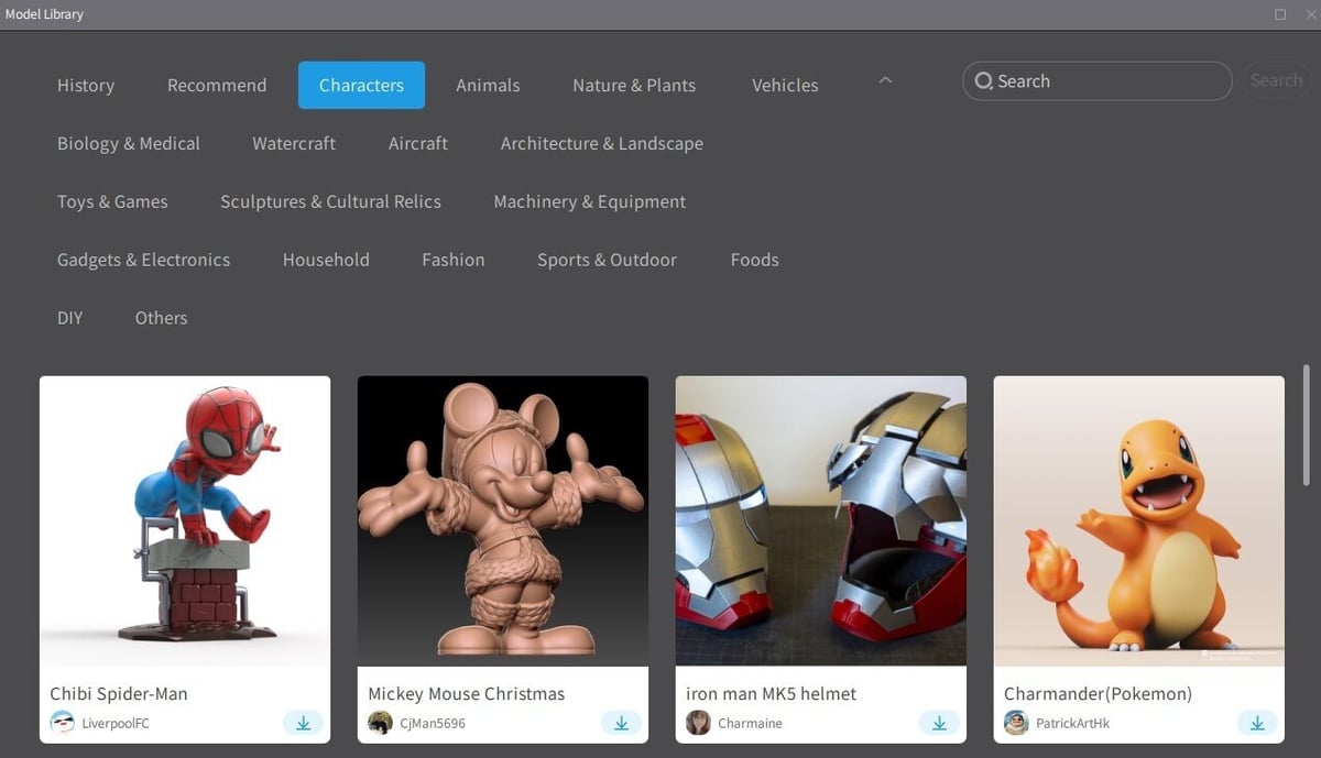 Library pictures. Users can upload printable models from the Creality Cloud model library