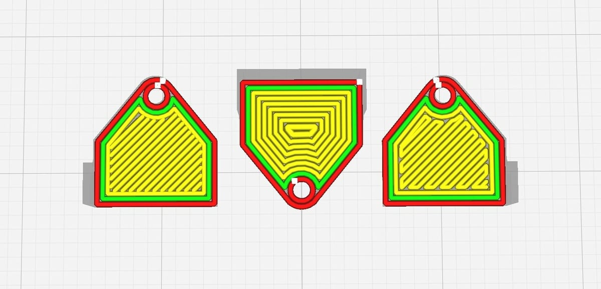 The three initial layer patterns (left to right): Lines, Concentric, Zig Zag