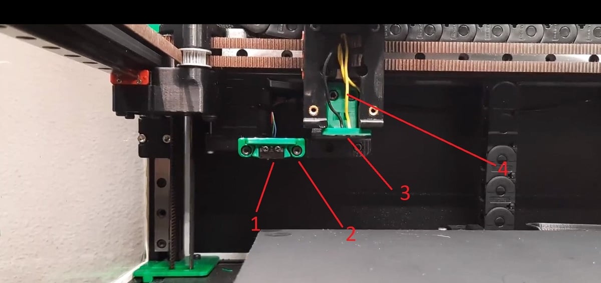 Example set-up: (1) microswitch, (2) dock, (3) mounting point for microswitch, (4) extruder placement