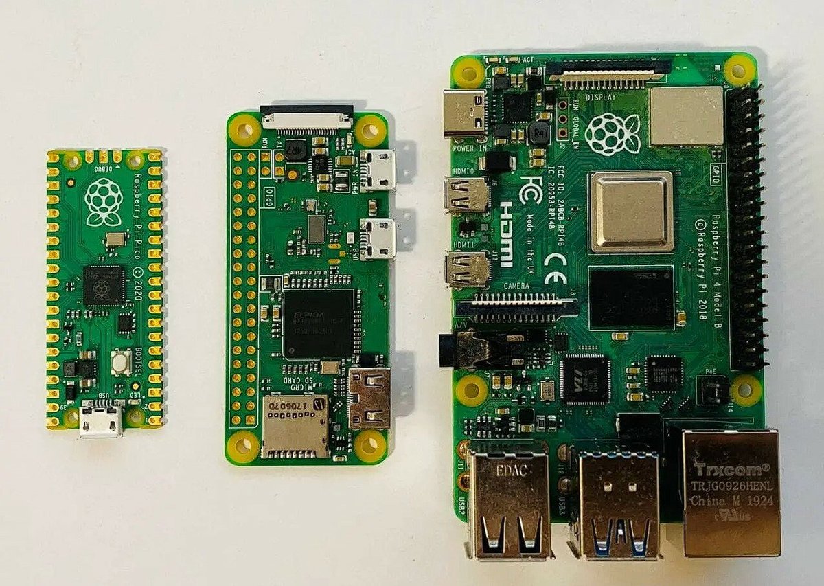 A true size comparison between (in order) the Pico, the Zero 2 W, and the Pi 4