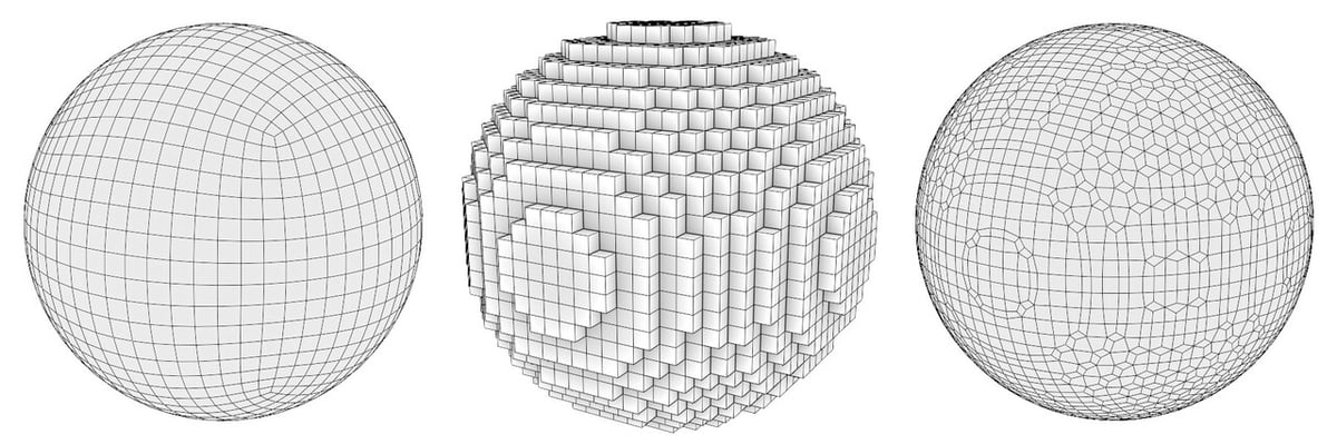 A Quad sphere (left), voxelized sphere (center), and a smoothed out sphere (right)