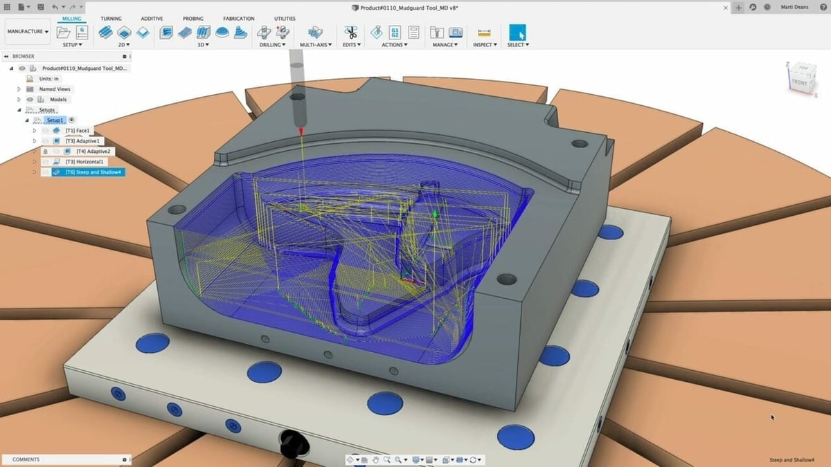 Milling tool path simulation in Fusion 360 manufacturing suite