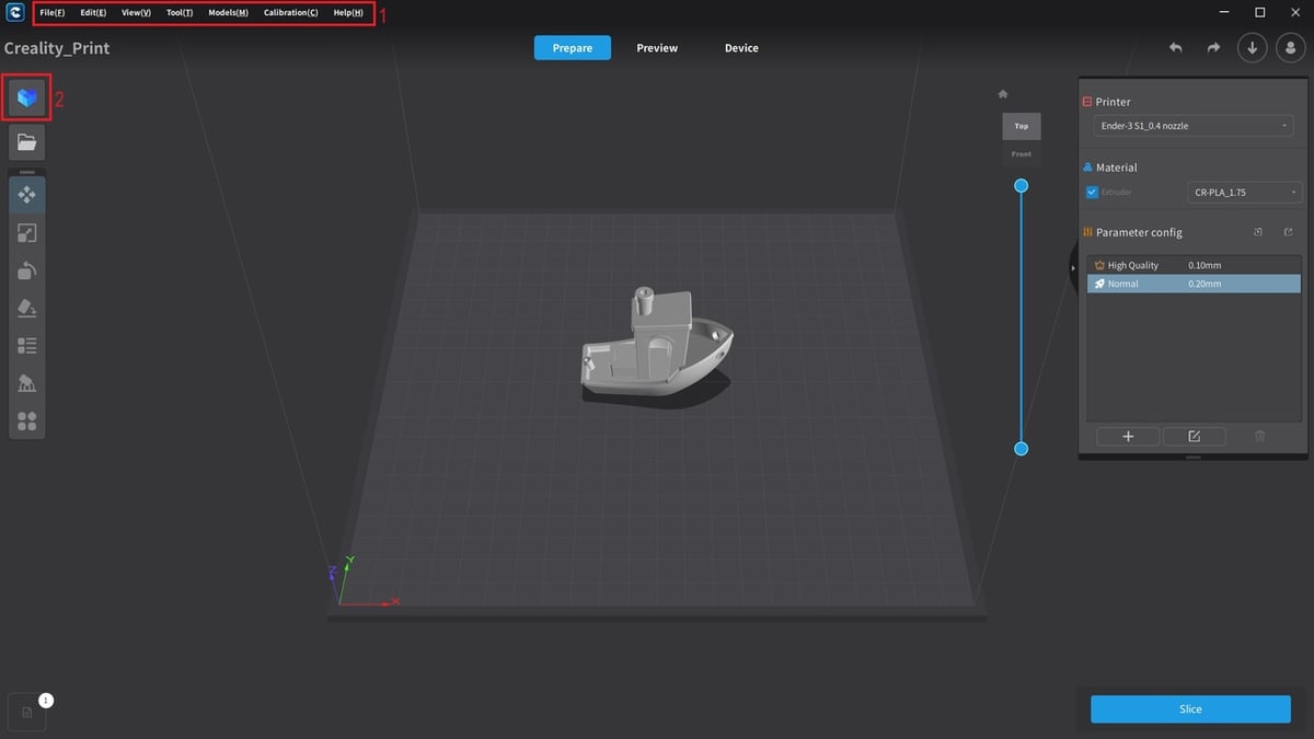 Creality Print's toolbar (1) and integrated 3D model repository (2) make the platform easy to use
