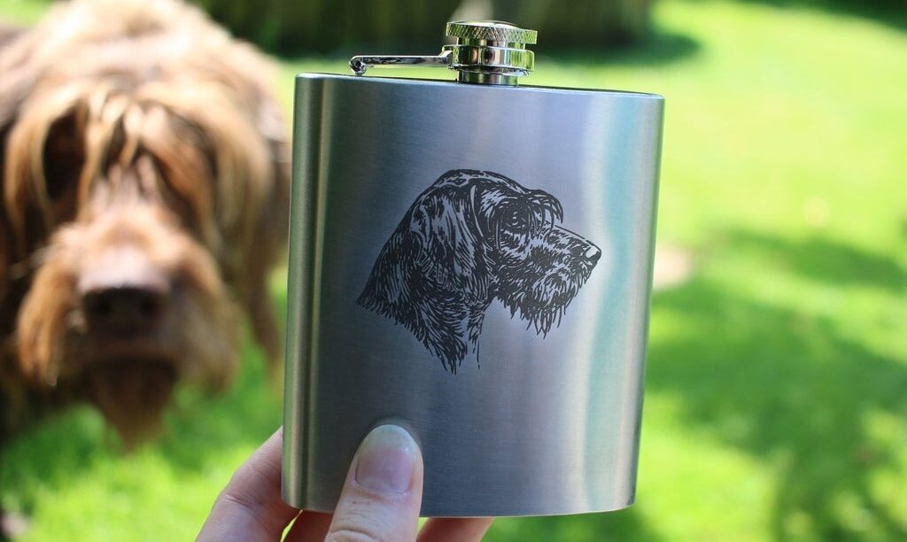 A laser-etched stainless steel flask