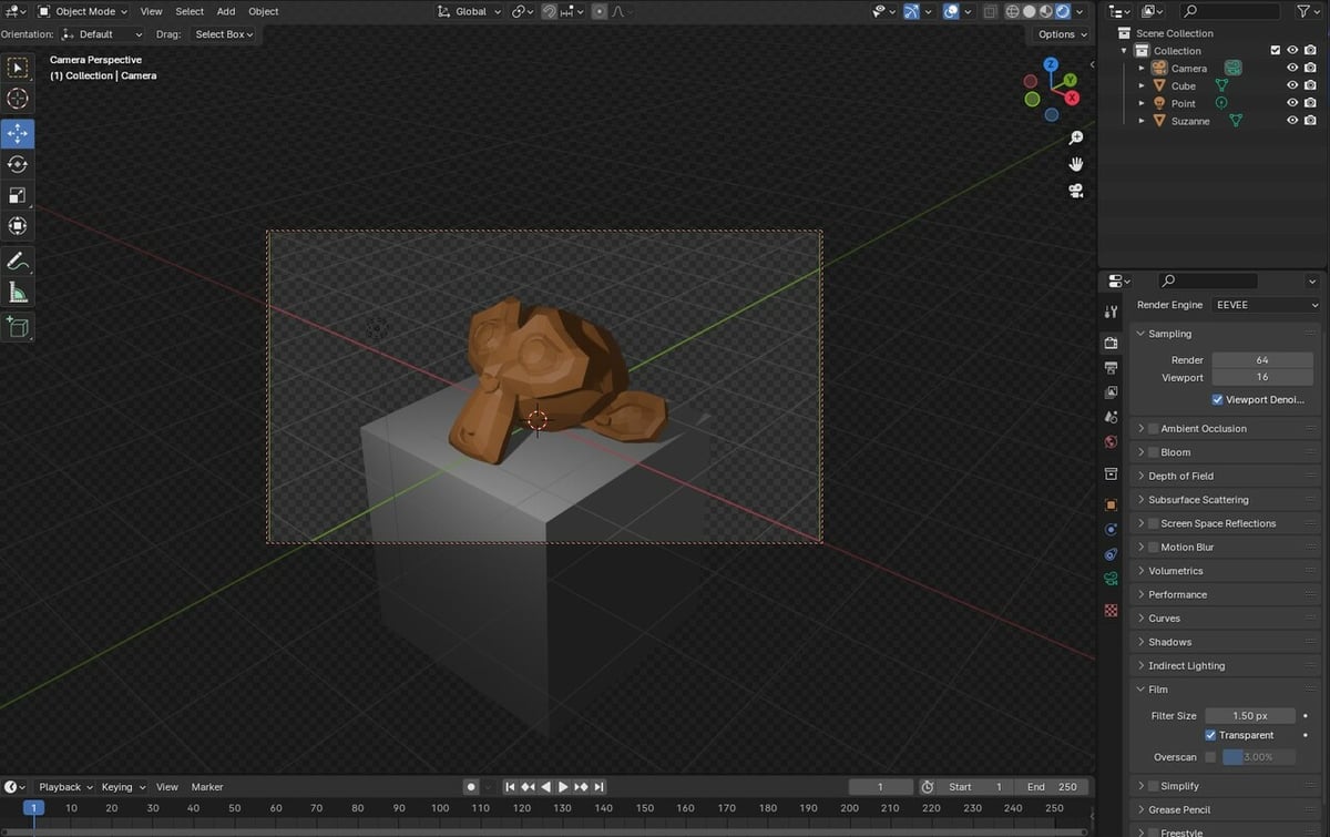 Blender's 3D viewport showing a camera setup with a transparent background