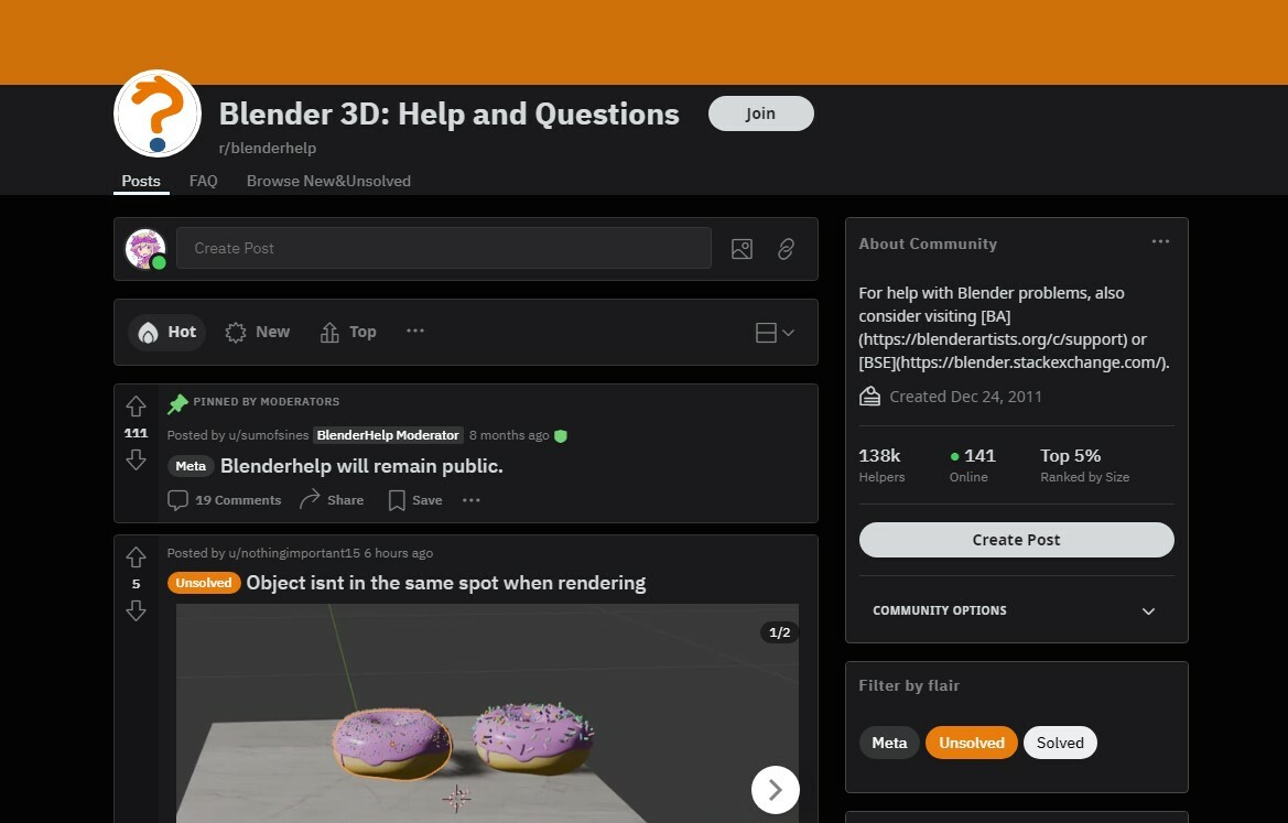 Screenshot showing Blender's subreddit