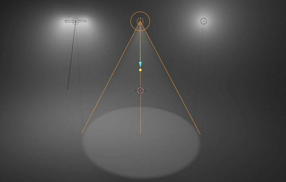 The 3D viewport showing an area (left), a spot (center), and a point (right) light